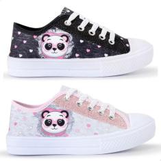 Kit 2 Tênis Infantil Feminino Panda Glitter Cano Baixo - Lukys, Preto,