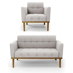 Sofá Namoradeira E Poltrona Base De Madeira Castanho Elisa Veludo D03 - D'rossi Cor Cinza