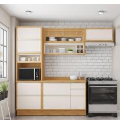 Armário de Cozinha Completa com Balcão Itatiaia Lisboa 6 Portas 5 Gavetas Freijó/Off White