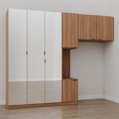 Guarda Roupa Modulado de Solteiro com Espelho e Mesa de Cabeceira Esquerda 7 Portas 3 Peças Hera Cab Louro/Preto