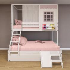 Treliche Casinha Reta Casal/ Solteiro com Escorregador e Cortina Madei