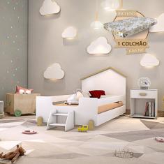 Cama De Criança Infantil Montessoriana Com Colchão E Escadinha Juvenil Ayla Branca E Natural Branco