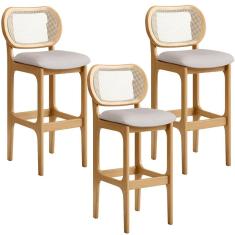 Kit 3 Banquetas Altas Betta Fixa L02 Madeira Maciça Taeda Assento Estofado Linho Bege Lyam Decor