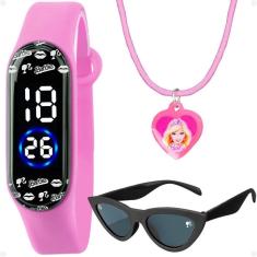 Relogio Infantil Barbie Digital + Colar + Oculos Proteção Uv Criança Pulseira Ajustavel Rosa Menina