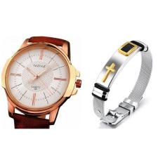 Relógio masculino yazole 358 couro marrom e pulseira em aço