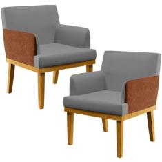 Kit 02 Poltronas Decorativas Sala Estar Beatriz W01 Linho Cinza Escuro