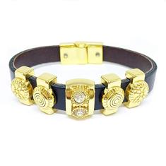 Pulseira Couro Alice Monteiro Strass Preto.