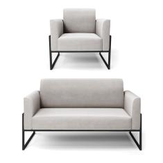 Sofá Namoradeira com Poltrona Base Industrial Alta Preto Marisa Veludo Cinza D03 - D`Rossi