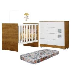 Quarto de Bebê com Berço com Colchão Life 100% Mdf e Cômoda de Bebê 100% Mdf 1 Porta 4 Gavetas Life Branco/Madeirado Ypê