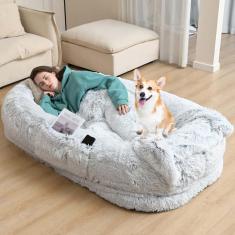 Cama de cachorro de tamanho humano, cama de cachorro humano, cama de cachorro humana de pele sintética lavável para pessoas cochilando, cama de cachorro ortopédica cochilando, cama de cachor