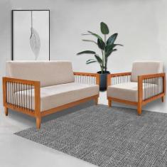 Conjunto Sofá Namoradeira e Poltrona Sala de Estar Pés Madeira Maciça 