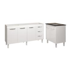 Armário Cozinha Balcão Gabinete De Pia 160 Cm Estela E Balcão Fran Para Fogão Cooktop 4 Bocas Branco