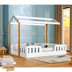 Cama Casal com Colchão D28 Casinha Montessoriana Ágatha Branco/amêndoa