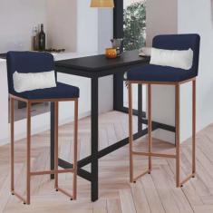 Kit 02 Banqueta Alta com Encosto Lucca Industrial Cozinha Balcão Ferro Bronze Sintético Azul Marinho e Almofada Branco - Ahazzo Móveis
