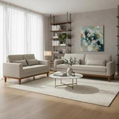 Conjunto Sofá Living Valência 3 e 2 Lug. Base Madeira Linho BEGE - EST