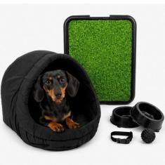 Kit Cama Toca Iglu Médio Pet Sanitário Grama Comedouro Coleira Bolinha