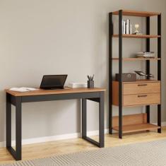 Mesa de Escritório 1 Gaveta 118cm com Estante Torre 2 Gavetas Freijó/Preto