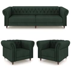 Conjunto 1 Sofá Living 240cm E 2 Poltronas Stanford Chesterfield Pés Madeira Couro Verde G58 Gran Belo