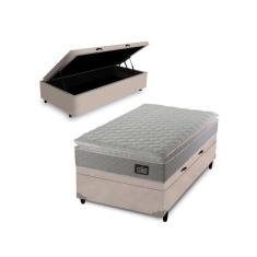 Cama Box Baú Solterio + Colchão Strong D45 One Face Bege 88x188x66cm - Suporta até 150Kg Por Pessoa