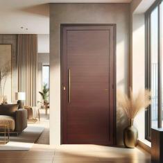 Porta de Aluminio Lambril 210x90cm com Puxador Super Marrom Corten Dourado