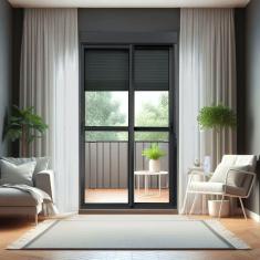 Porta de Correr com Persiana Integrada 2 Folhas Móveis 230 X 200 Elite com Fecho Automático Vidro Li Preto