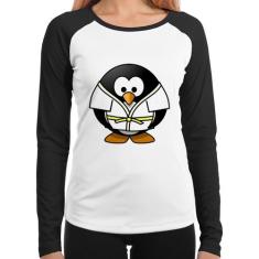 Baby Look Raglan Pinguim Judô Manga Longa - Foca na Moda, Branco, Pret