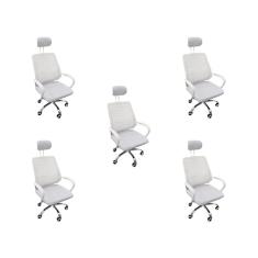 Kit 5 Cadeiras Escritório Diretor Mesh Encosto Cabeça Branco + E-book