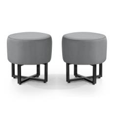 Kit 2 Banqueta Redonda Tecido Veludo Cinza Com Pes de Ferro Estilo Industrial Preto