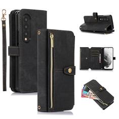 UEEBAI Capa para Samsung Galaxy Z Fold 4 5G, 9 compartimentos para cartões, carteira de couro retrô à prova de choque, capa flip com alça de mão, compartimentos para cartões, bolso com zíper, suporte,