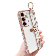 DEFBSC Capa compatível com Samsung Galaxy S24 Plus, capa de coração de amor com borda galvanizada com alça de pulso, proteção total da câmera cantos reforçados à prova de choque, capa de TPU macia à