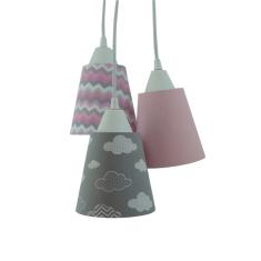 Lustre Pendente Luminária Tecido Nuvens E Chevron Cinza E Ros