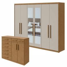 Conjunto de Guarda-Roupa 6 Portas com Espelho Áries e Cômoda Toronto Amêndoa Clean/Off White