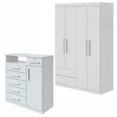 Conjunto de Guarda-Roupa Solteiro 4 Portas 2 Gavetas Zeus e Cômoda 1 Porta 6 Gavetas Da Vinci Branco