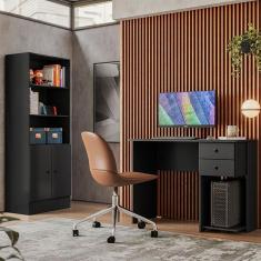 Mesa Escrivaninha 4115 e Armário Gamer 4095 Ambiente Preto Fosco – Qmovi