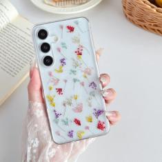 XIZYO Capa para Samsung Galaxy S24 linda estampa floral transparente flores secas estéticas mulheres meninas glitter fino TPU bumper capa protetora à prova de choque para S24, flor pequena brilhante