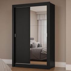Guarda-Roupa Solteiro 2 Portas de Correr com Espelho Preto Milano Madesa