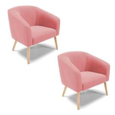 Kit 02 Poltronas Stella Suede Pés Palito Natural - D'rossi Cor Rose - 
