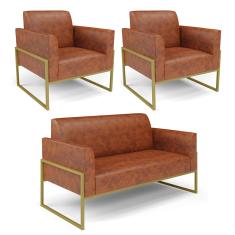 Sofá Namoradeira com 2 Poltronas Base Industrial Alta Dourado Marisa Corano D03 - D'Rossi