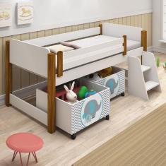 Cama Naty Branco/Mel com 2 nichos adesivadas filhote verde  e escadinha