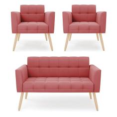 Kit 1 Sofá Namoradeira e 2 Poltronas Elisa Suede Pés Palito Natural - D`Rossi