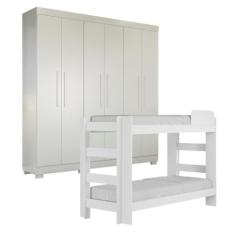 Quarto Infantil/juvenil com Beliche 100% Mdf Flórida e Guarda Roupa 6 Portas 4 Gavetas Flórida Branco