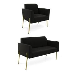 Sofá Namoradeira E Poltrona Pé De Ferro Dourado Marisa Suede D03 Preto