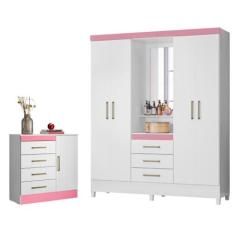 Conjunto Quarto Guarda Roupa e Comoda Arezzo Branco Rosa - CasaH