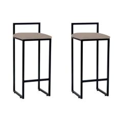 kit 2 Banquetas Alta Bistro Bar Aço Preto Assento Suede Bege