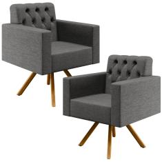 Kit 02 Poltronas Giratórias Base de Madeira Manu L02 Capitonê Linho Cinza Escuro - Lyam Decor