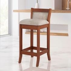 Banqueta Média Estofada Lucca 36x83Cm Bancada Mesa Bar Balcão Madeira Maciça Linho Bege M58 - RMI