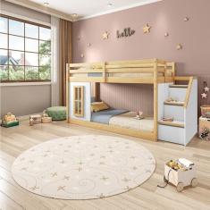 Beliche Infantil Montessoriana Garden com Escada Lateral Kit Travessas Proteção,janela Casatema Branco/Natural