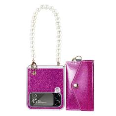 Capa de telefone para cartões de corrente com pulseira de pérola brilhante para Samsung Galaxy Z Flip 4 5G Flip3 Zflip3 Capa carteira envelope com bolsa de moedas, roxo escuro, para Galaxy Z
