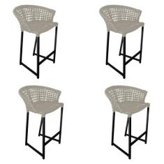 Kit 4 Banquetas Reis em Corda Náutica e Base em Alumínio Preta para Ár