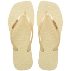 Chinelo Havaianas Slim Square Logo Metallic Feminino - Cor Creme (BR, Adulto, Faixa Numérico, 37, 38)